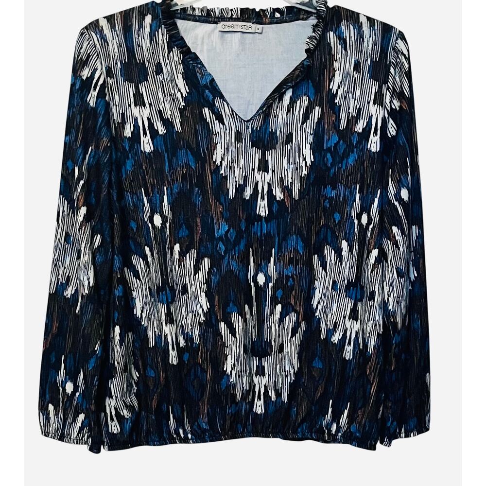 DREAMSTAR LONG SLEEVE V-NECK TOP, WOMENS, XL, NAVY BLUE BROWN WHITE ABSTRACT
